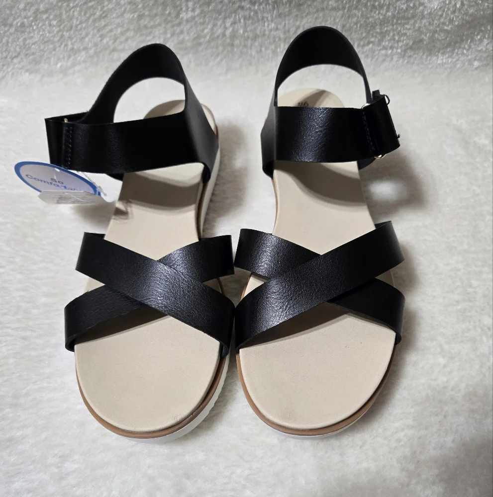 Time & Tru Women's Tan Black Comfort Summer Sandals NWT Size: 9 1/2 - Picture 1 of 9